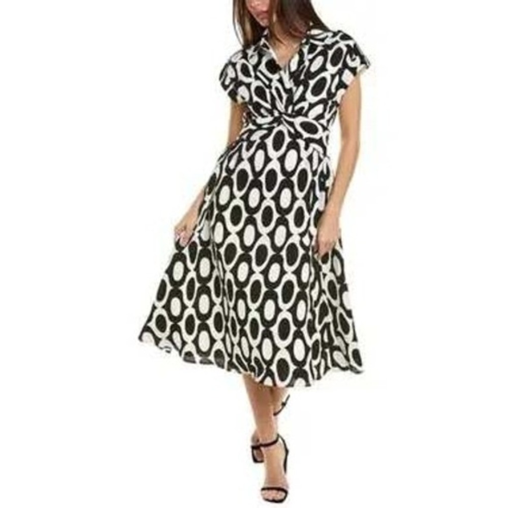Gracia Geometric Print Twist Front Dress S Black White Midi Fit Flare Retro